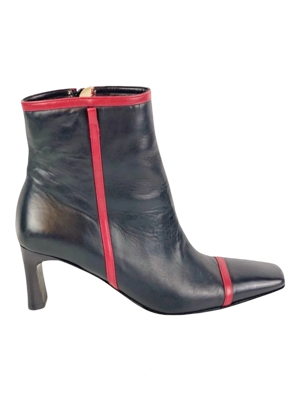 Women's Black Leather Ankle Boots with Red Trim and Side Zipper